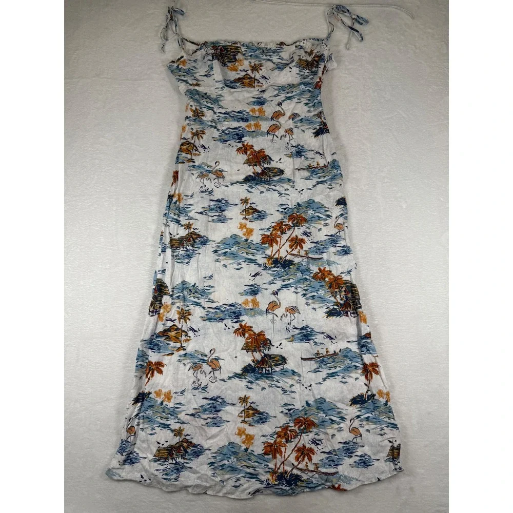 Free People Tropical Flamingo Hawaiian Print Maxi Dress White Blue‎ Size 6